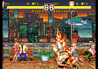 Ryoko crashing down to Earth with Marstorius for her Chou Yama Arashi attack.